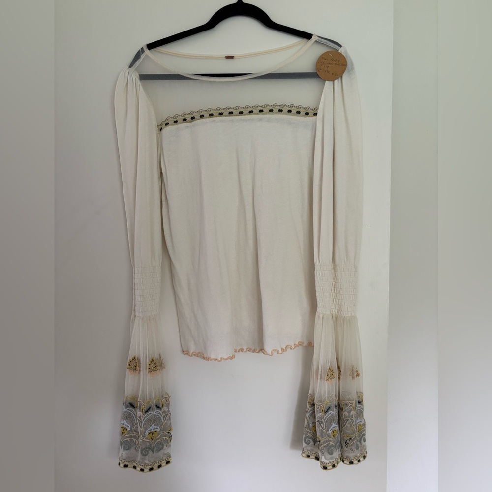 Vintage FP Cream Blouse with Embroidered Sleeves